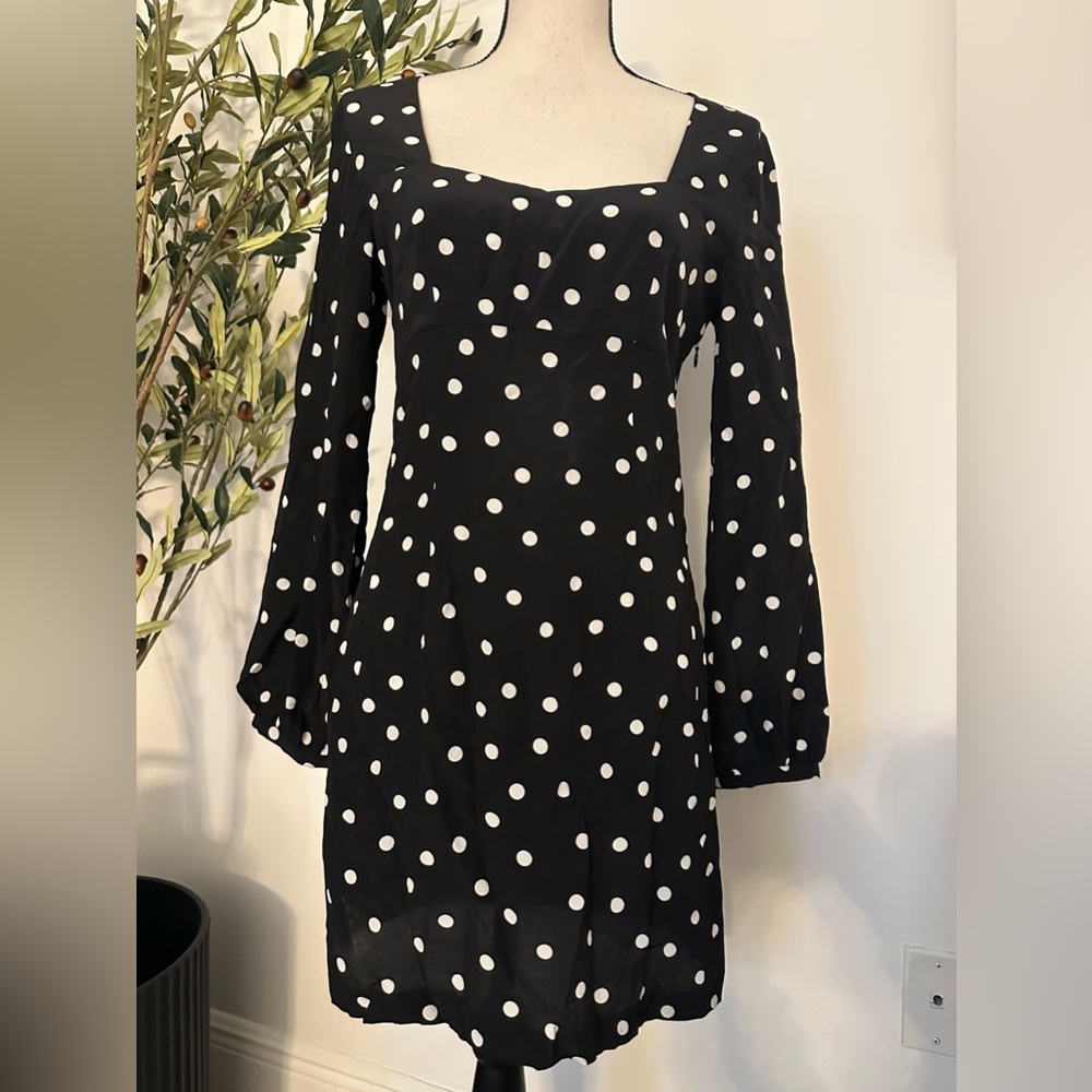 INTERMIX April Silk Polka Dot Long Sleeve Dress Black Size 4 | Low Cut Mini